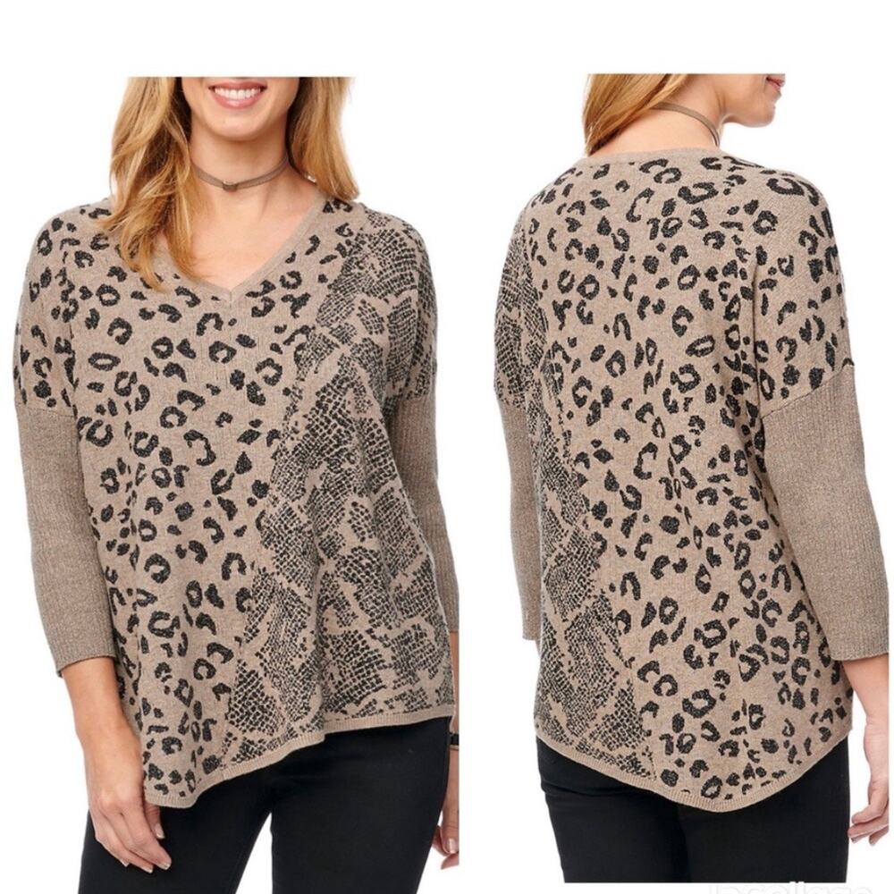 Democracy Asymmetrical Mixed Animal Print V-Neck Sweater Size‎ XL Ribbed V-Neck